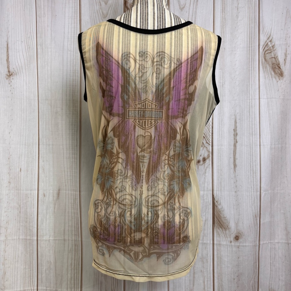 Harley Davidson Logo Sleeveless Tank Top Sheer Butterfly Wings Graphic Tee 2XL